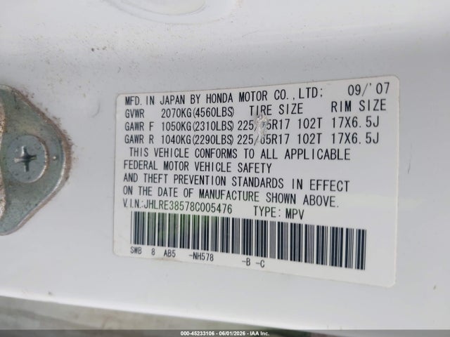 Aukcja sprzedaży 2008 Honda Cr-v Ex, vin: JHLRE38578C005476, numer aukcji: 45233106
