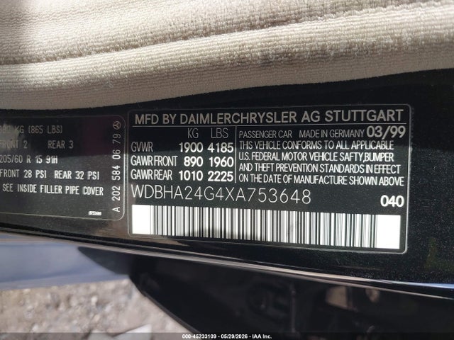 Aukcja sprzedaży 1999 Mercedes-benz C 230 Kompressor, vin: WDBHA24G4XA753648, numer aukcji: 45233109