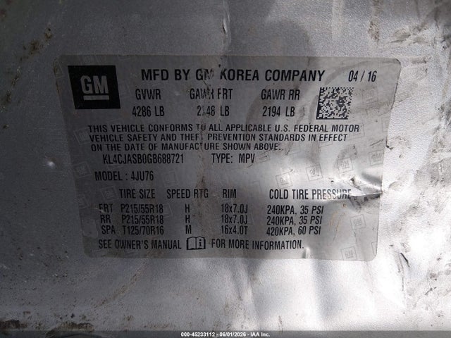 Aukcja sprzedaży 2016 Buick Encore, vin: KL4CJASB0GB688721, numer aukcji: 45233112