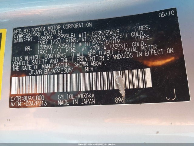Aukcja sprzedaży 2010 Lexus Rx 450h, vin: JTJZB1BA3A2403051, numer aukcji: 45233114