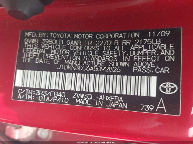 2010 Toyota Prius Ii მანქანა იყიდება აუქციონზე, vin: JTDKN3DU6A5092826, აუქციონის ნომერი: 45233115
