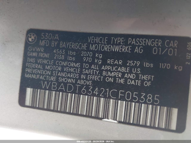 2001 Bmw 530ia მანქანა იყიდება აუქციონზე, vin: WBADT63421CF05385, აუქციონის ნომერი: 45233125