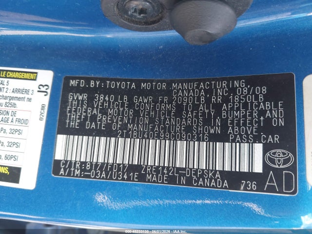 Aukcja sprzedaży 2009 Toyota Corolla S, vin: 2T1BU40E99C090316, numer aukcji: 45233130