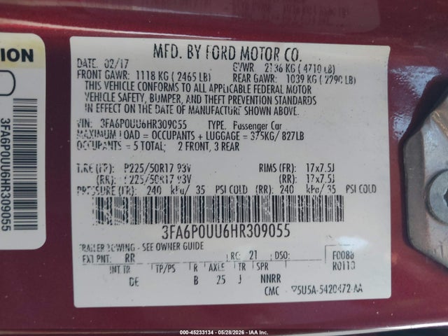 Aukcja sprzedaży 2017 Ford Fusion Hybrid S, vin: 3FA6P0UU6HR309055, numer aukcji: 45233134
