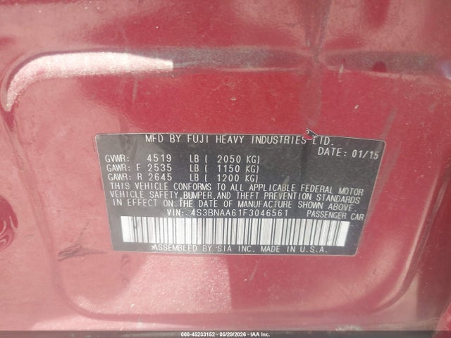 Продаж на аукціоні авто 2015 Subaru Legacy 2.5i, vin: 4S3BNAA61F3046561, номер лоту: 45233152