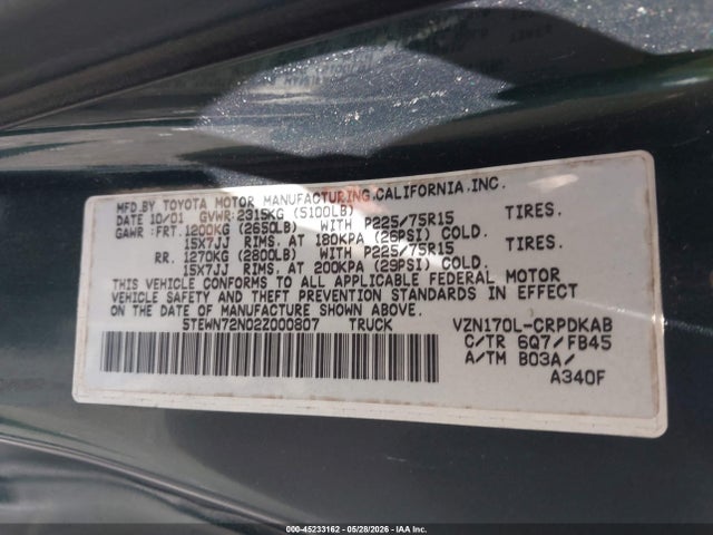Aukcja sprzedaży 2002 Toyota Tacoma Base V6, vin: 5TEWN72N02Z000807, numer aukcji: 45233162
