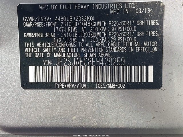 45233165 :رقم المزاد ، JF2SJAEC8EH428259 vin ، 2014 Subaru Forester 2.5i Premium مزاد بيع