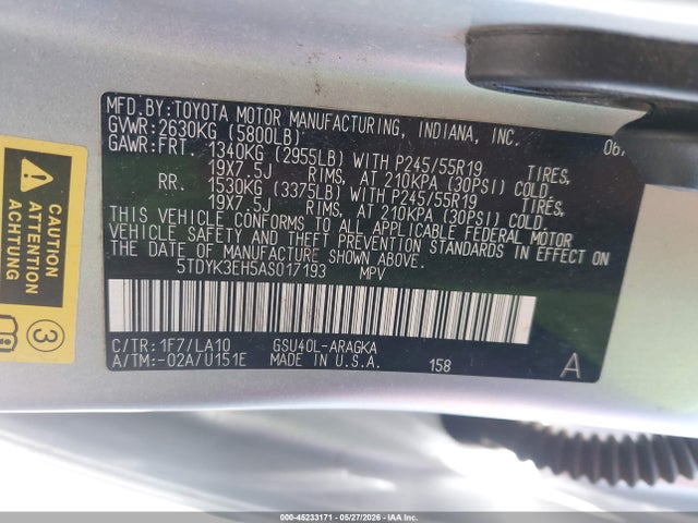 2010 Toyota Highlander Limited V6 მანქანა იყიდება აუქციონზე, vin: 5TDYK3EH5AS017193, აუქციონის ნომერი: 45233171