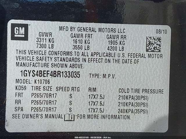 45233185 :رقم المزاد ، 1GYS4BEF4BR133035 vin ، 2011 Cadillac Escalade Luxury مزاد بيع
