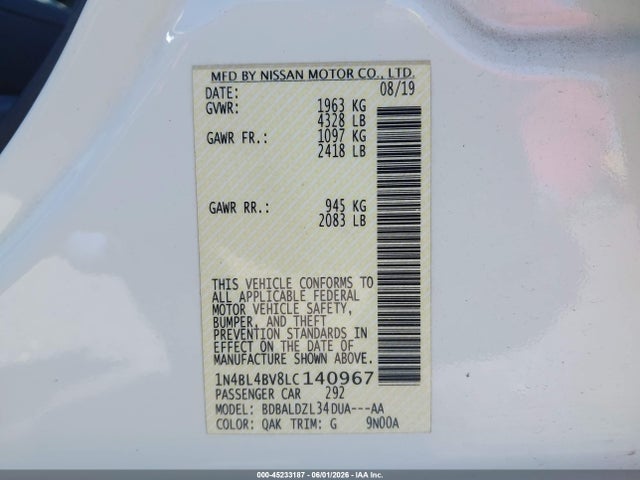 1N4BL4BV8LC140967 Nissan Altima S Fwd