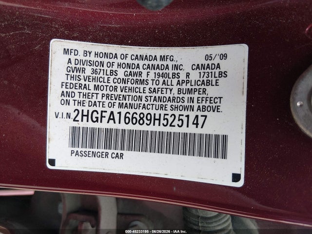Auction sale of the 2009 Honda Civic Lx-s, vin: 2HGFA16689H525147, lot number: 45233195