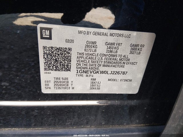 45233196 :رقم المزاد ، 1GNEVGKW0LJ226787 vin ، 2020 Chevrolet Traverse Awd Lt Cloth مزاد بيع