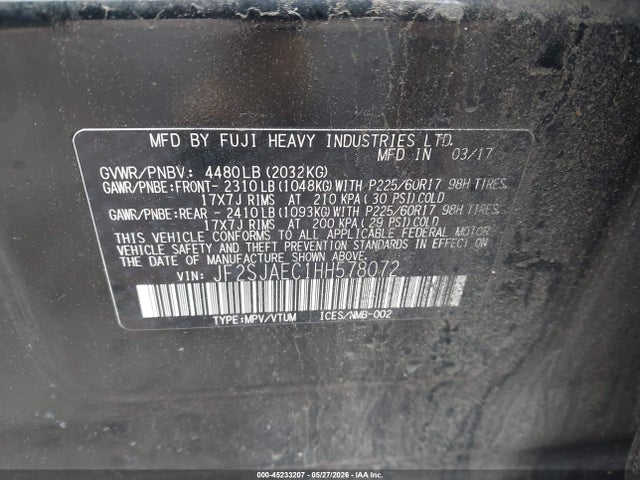 2017 Subaru Forester 2.5i Premium მანქანა იყიდება აუქციონზე, vin: JF2SJAEC1HH578072, აუქციონის ნომერი: 45233207