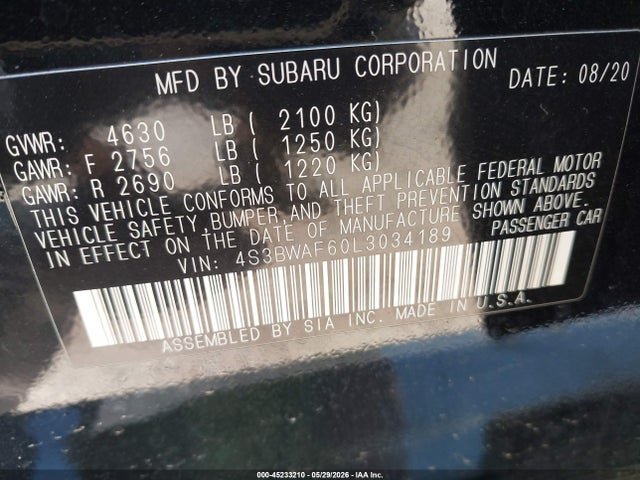 Продаж на аукціоні авто 2020 Subaru Legacy Sport, vin: 4S3BWAF60L3034189, номер лоту: 45233210
