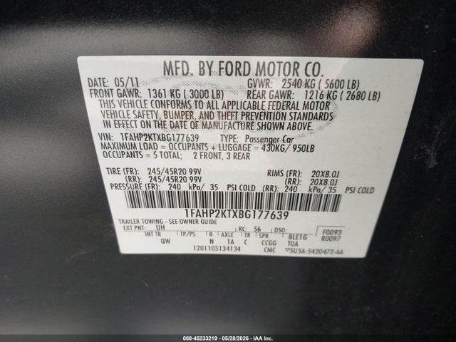45233219 :رقم المزاد ، 1FAHP2KTXBG177639 vin ، 2011 Ford Taurus Sho مزاد بيع