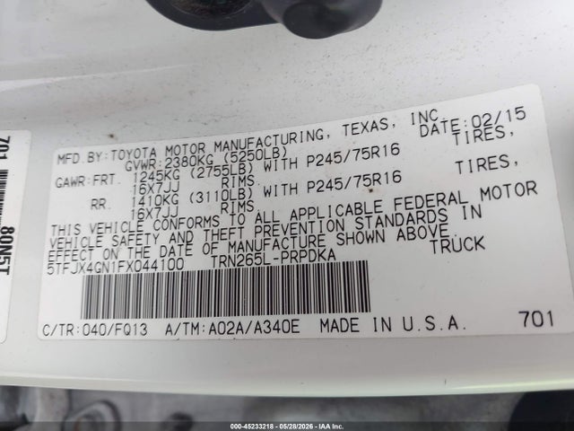Продаж на аукціоні авто 2015 Toyota Tacoma Prerunner, vin: 5TFJX4GN1FX044100, номер лоту: 45233218