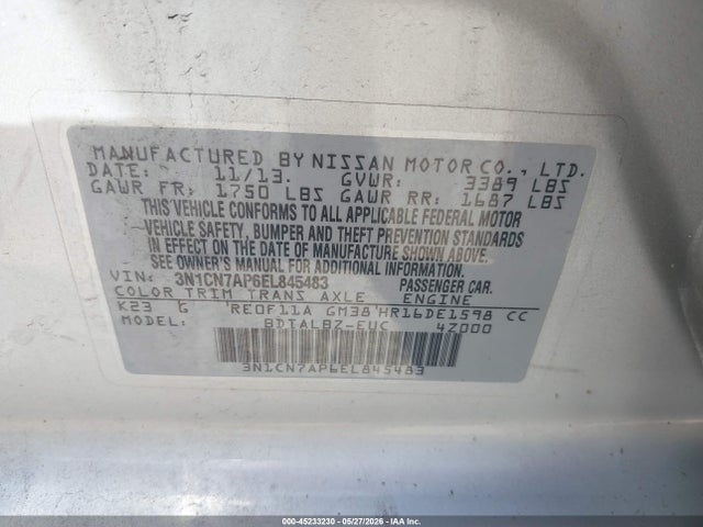 Продажа на аукционе авто 2014 Nissan Versa 1.6 Sv, vin: 3N1CN7AP6EL845483, номер лота: 45233230