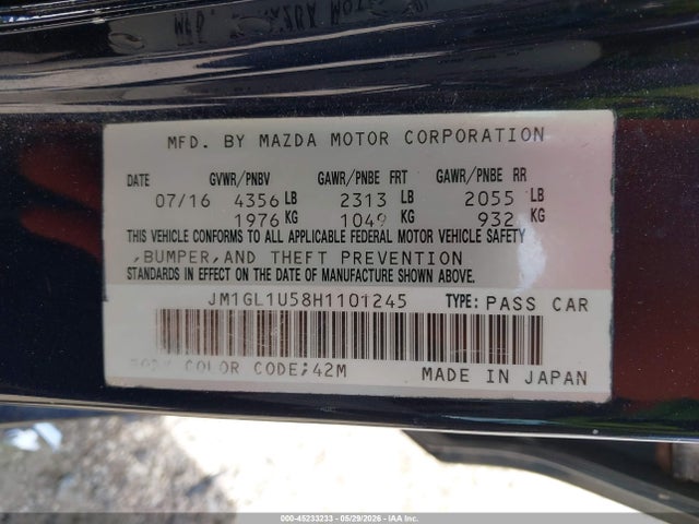 Aukcja sprzedaży 2017 Mazda Mazda6 Sport, vin: JM1GL1U58H1101245, numer aukcji: 45233233