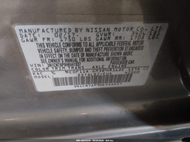 Aukcja sprzedaży 2017 Nissan Versa 1.6 Sv, vin: 3N1CN7AP9HK441037, numer aukcji: 45233236