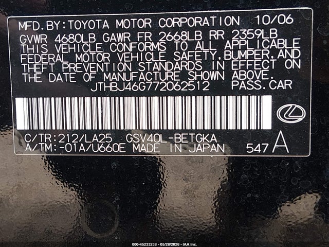 Aukcja sprzedaży 2007 Lexus Es 350, vin: JTHBJ46G772062512, numer aukcji: 45233238