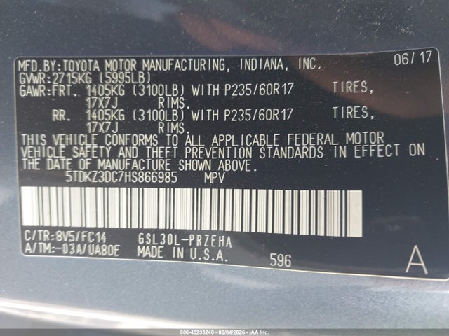 Продаж на аукціоні авто 2017 Toyota Sienna Le 8 Passenger, vin: 5TDKZ3DC7HS866985, номер лоту: 45233240