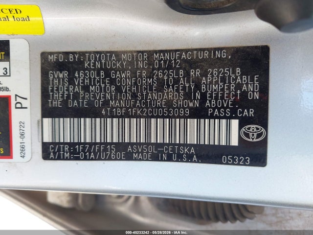 Auction sale of the 2012 Toyota Camry Se, vin: 4T1BF1FK2CU053099, lot number: 45233242