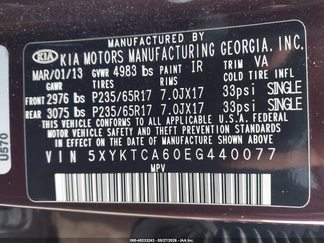 2014 Kia Sorento Lx მანქანა იყიდება აუქციონზე, vin: 5XYKTCA60EG440077, აუქციონის ნომერი: 45233243