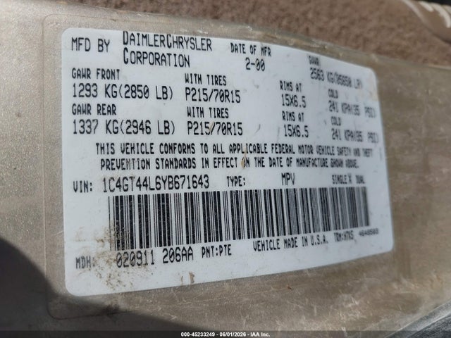 Продаж на аукціоні авто 2000 Chrysler Town & Country Lx, vin: 1C4GT44L6YB671643, номер лоту: 45233249