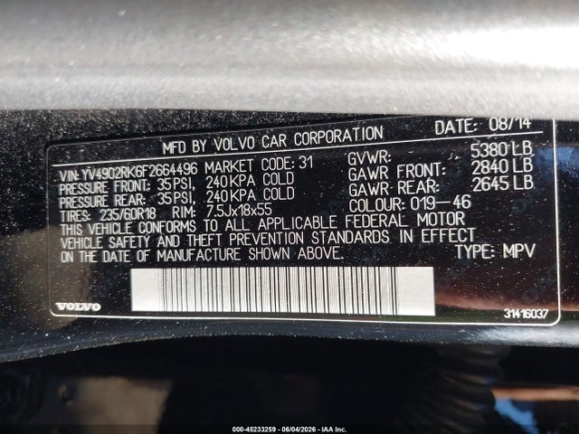 45233259 :رقم المزاد ، YV4902RK6F2664496 vin ، 2015 Volvo Xc60 T6 مزاد بيع