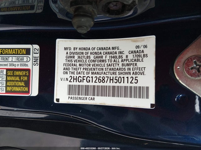 Продажа на аукционе авто 2007 Honda Civic Lx, vin: 2HGFG12687H501125, номер лота: 45233268