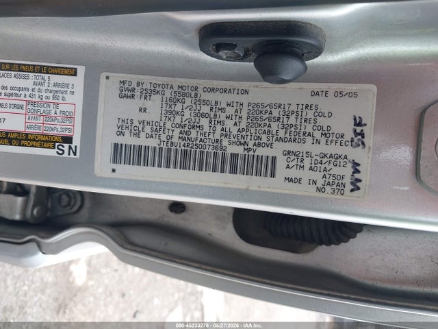 2005 Toyota 4runner Sr5 V6 მანქანა იყიდება აუქციონზე, vin: JTEBU14R250073692, აუქციონის ნომერი: 45233278