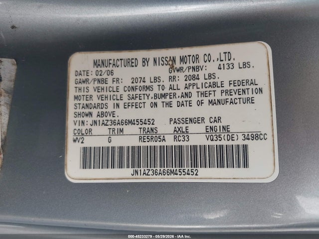 Aukcja sprzedaży 2006 Nissan 350z Touring, vin: JN1AZ36A66M455452, numer aukcji: 45233279