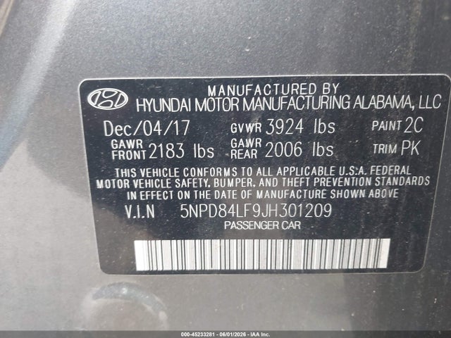 Продаж на аукціоні авто 2018 Hyundai Elantra Sel, vin: 5NPD84LF9JH301209, номер лоту: 45233281