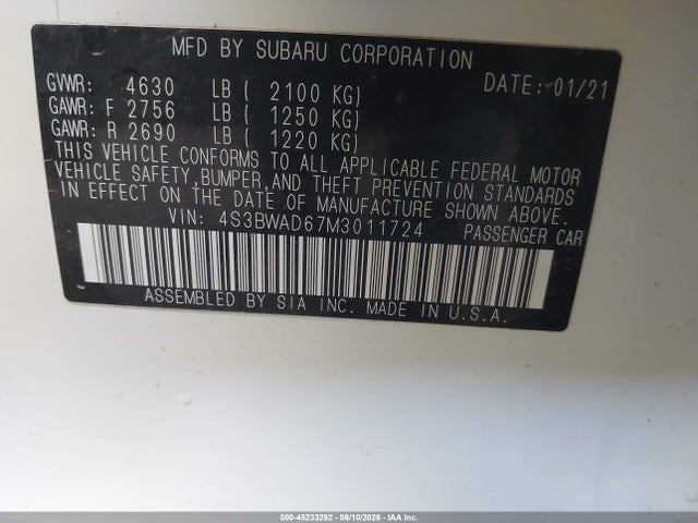 Aukcja sprzedaży 2021 Subaru Legacy Premium, vin: 4S3BWAD67M3011724, numer aukcji: 45233292