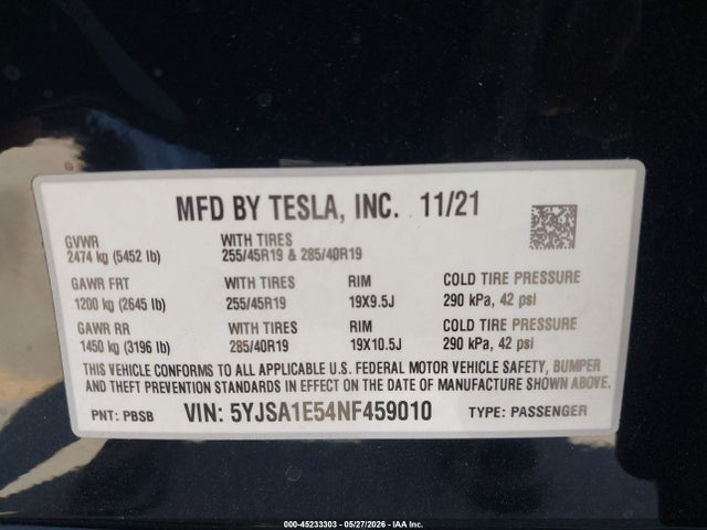 Tesla Model S Dual Motor All-wheel Drive 2022 5YJSA1E54NF459010 Image 9