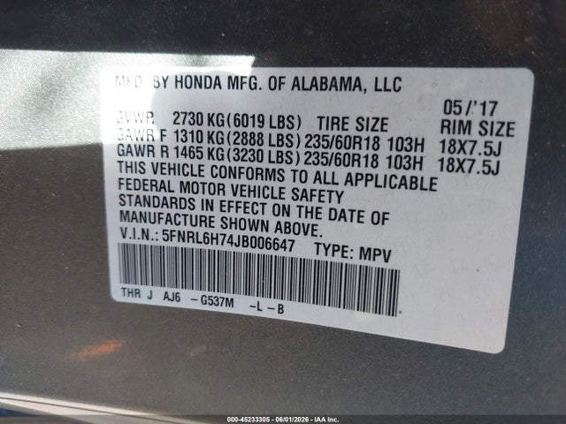 5FNRL6H74JB006647 Honda Odyssey Ex-l
