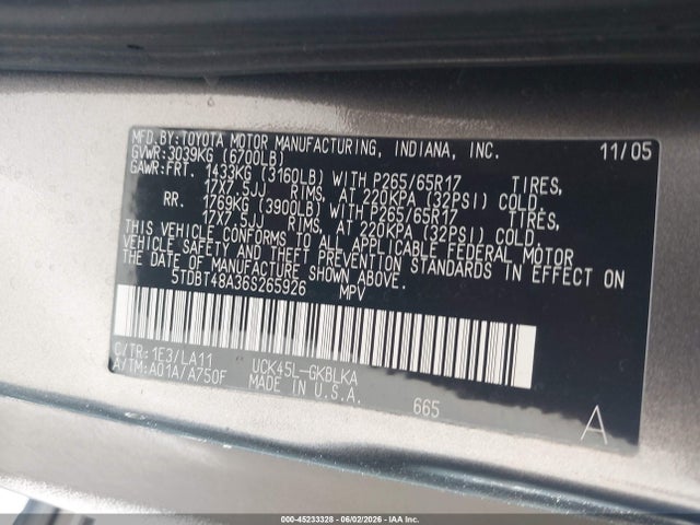45233328 :رقم المزاد ، 5TDBT48A36S265926 vin ، 2006 Toyota Sequoia Limited V8 مزاد بيع