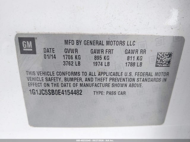 Продажа на аукционе авто 2014 Chevrolet Sonic Lt Auto, vin: 1G1JC5SB0E4154482, номер лота: 45233345