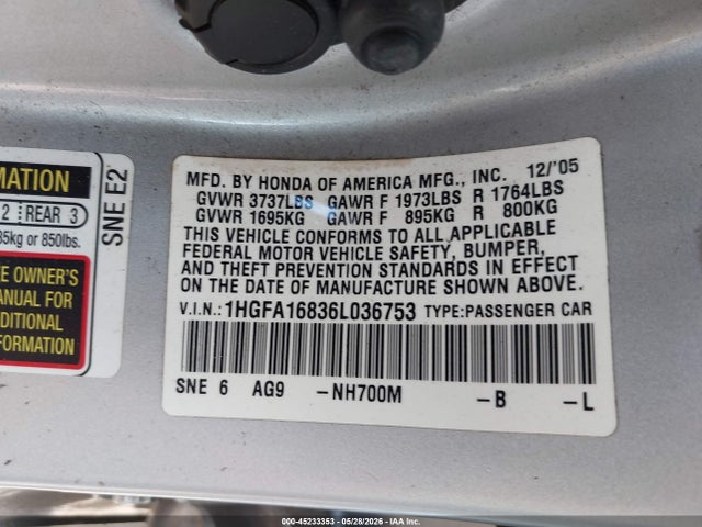 Продажа на аукционе авто 2006 Honda Civic Ex, vin: 1HGFA16836L036753, номер лота: 45233353