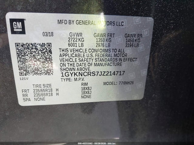 2018 Cadillac Xt5 Luxury მანქანა იყიდება აუქციონზე, vin: 1GYKNCRS7JZ214717, აუქციონის ნომერი: 45233362