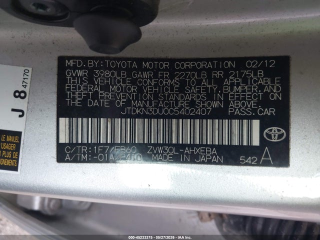 Aukcja sprzedaży 2012 Toyota Prius Two, vin: JTDKN3DU0C5402407, numer aukcji: 45233375