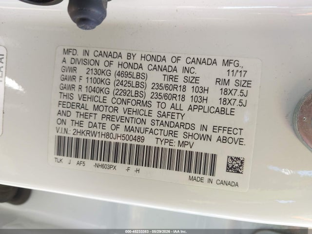 Продажа на аукционе авто 2018 Honda Cr-v Ex-l/ex-l Navi, vin: 2HKRW1H80JH500489, номер лота: 45233383
