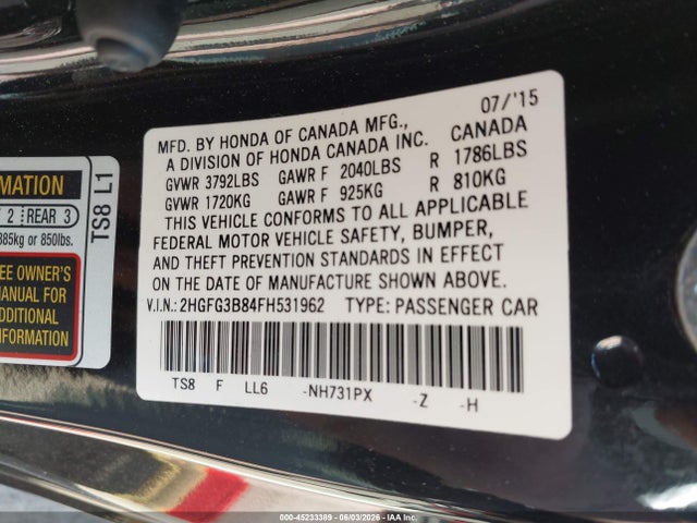 Honda CIVIC EX 2015 2HGFG3B84FH531962 Image 9