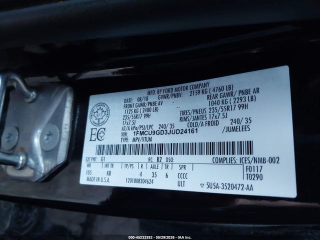 45233392 :رقم المزاد ، 1FMCU9GD3JUD24161 vin ، 2018 Ford Escape Se مزاد بيع