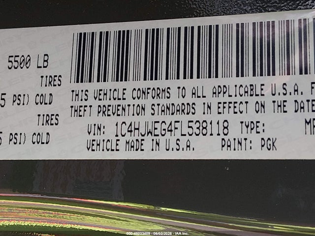 2015 Jeep Wrangler Unlimited Sahara მანქანა იყიდება აუქციონზე, vin: 1C4HJWEG4FL538118, აუქციონის ნომერი: 45233409