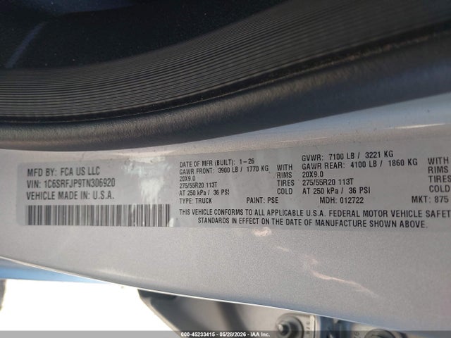 Продаж на аукціоні авто 2026 Ram 1500, vin: 1C6SRFJP9TN306920, номер лоту: 45233415