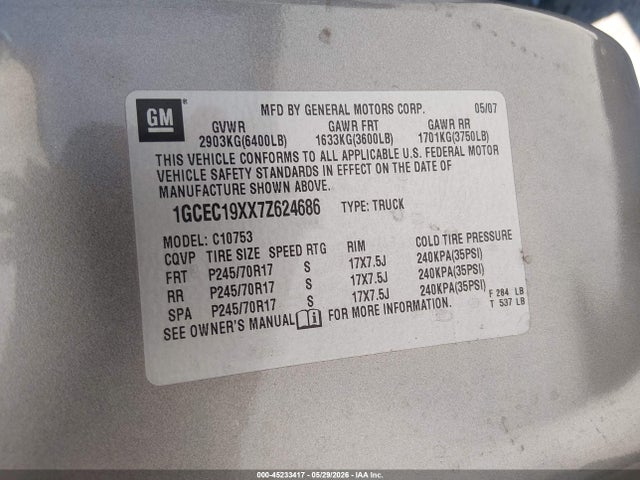 45233417 :رقم المزاد ، 1GCEC19XX7Z624686 vin ، 2007 Chevrolet Silverado 1500 Work Truck مزاد بيع