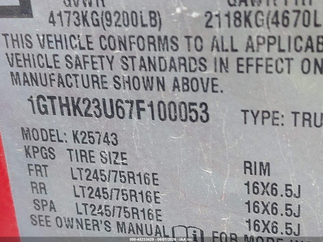 2007 Gmc Sierra 2500hd Classic Work Truck მანქანა იყიდება აუქციონზე, vin: 1GTHK23U67F100053, აუქციონის ნომერი: 45233429