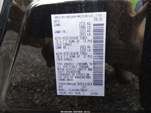 Aukcja sprzedaży 2017 Infiniti Qx60, vin: 5N1DL0MN1HC505193, numer aukcji: 45233453