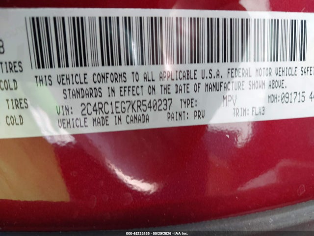 Продажа на аукционе авто 2019 Chrysler Pacifica Touring L Plus, vin: 2C4RC1EG7KR540237, номер лота: 45233455